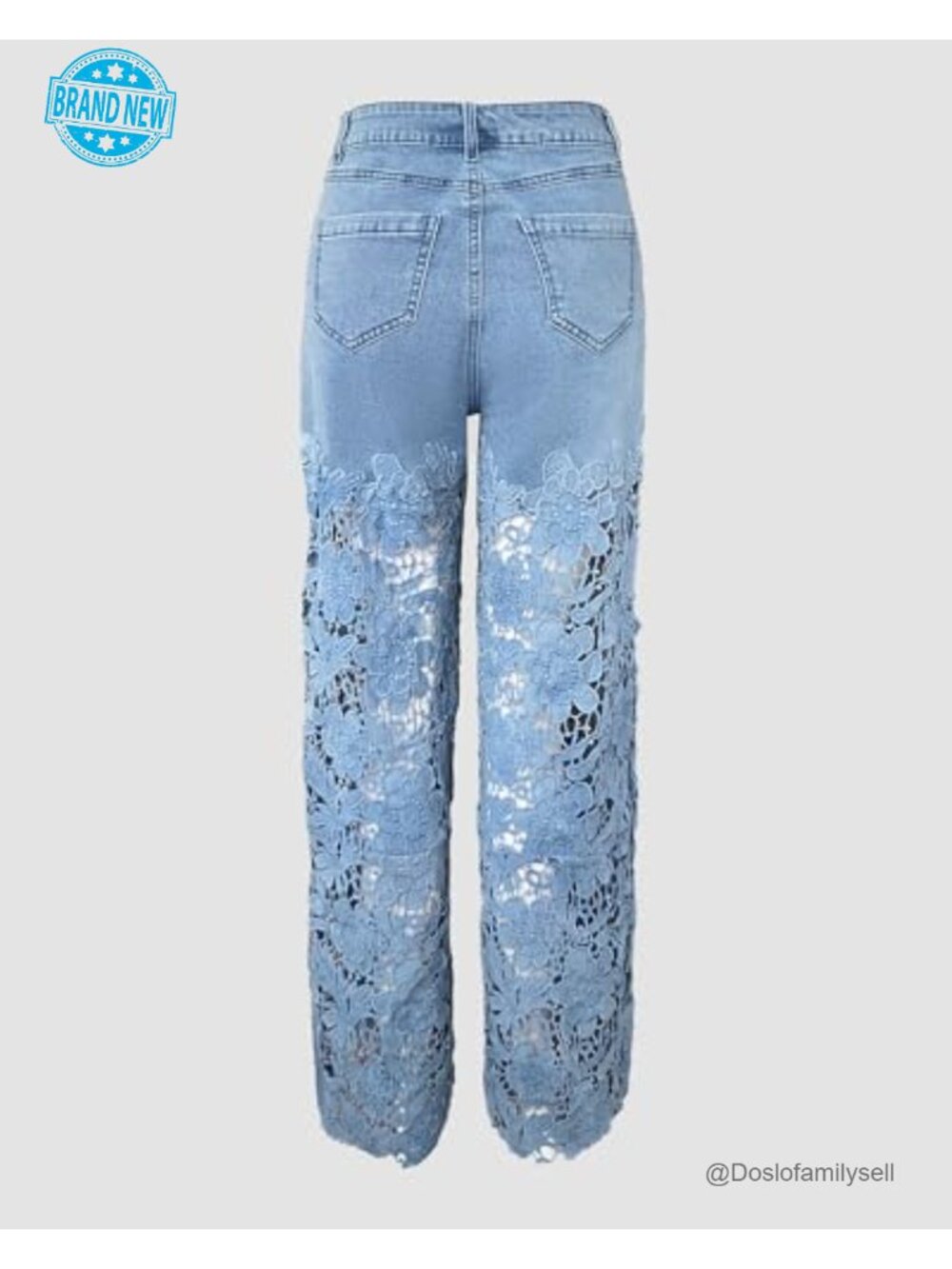 High Waist Wide Leg Jeans with Lace Spliced Floral Detail Stretchy Zipper - Picture 6 of 7